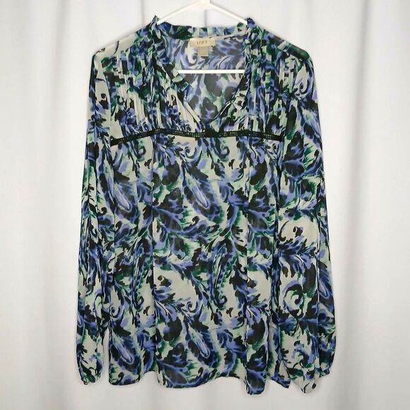 Loft Sheer Peasant Blouse Blue Floral 3/4 Balloon Sleeves V-Neck Top Women Large - Picture 1 of 6